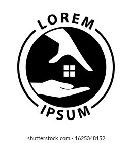 human hands created house shape, vector emblem logo template
