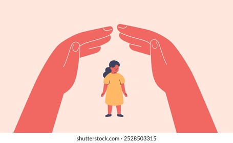 Human hands created secure environment for small girl via home roof gesture. Childproofing, supervision, and teaching safety rules. Adoption and Adults taking care about kids. Vector illustration