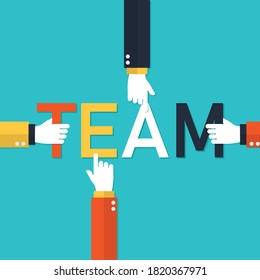 menschliche Hände kreative Teamwork-Briefe. Support-Team. Vektorgrafik in flachem, modernem Design. einzeln auf blauem Hintergrund.