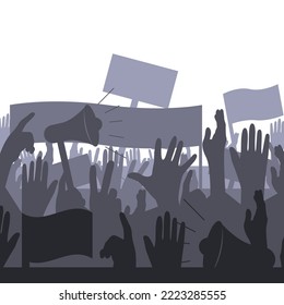 human hands in the crowd silhouettes with protest banners and megafon