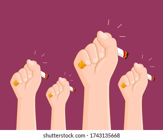 Human hands crushing cigarette. Quitting smoking concept.  World No Tobacco Day. illustration.