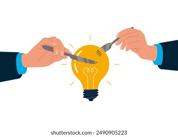 Human hands cut fork knife eat meal light bulb wire inspiration. Flat vector illustration