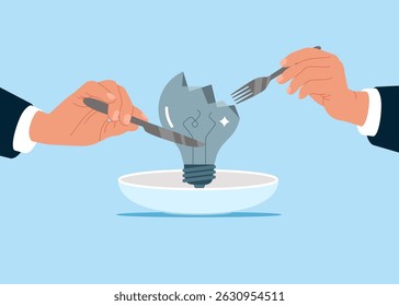 Human hands cut fork knife eat meal crashed light bulb wire inspiration. Burnt out bulb. Flat vector illustration