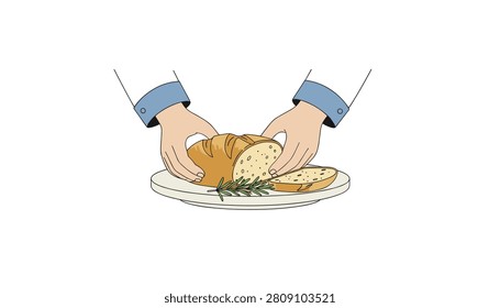 Human hands cutting artisan loaf of bread on plate garnished with fresh rosemary sprigs displayed on simple white tabletop background.