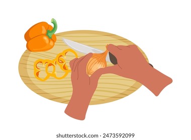 Human hands cutting fresh vegetables for salad or omelet view from above isolated on white