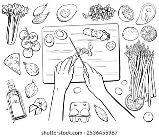 Manos humanas cortando verduras en el corte de Tablero e ingredientes alimentarios. Ilustración de vista superior de comida de Vector Doodle