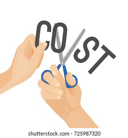 Human hands cutting word cost, concept of reduction budget cuts