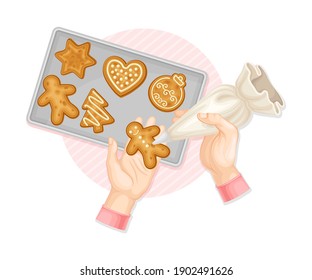 Human Hands Decorating Gingerbread Cookie with Sugar Glaze Above View Vector Illustration