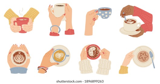 Manos humanas en el escritorio sujetando tazas y tazas de café caliente, ilustración plana vectorial aislada en fondo blanco. Vista superior en las manos con tazas de café.