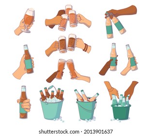 Human hands of different colors raise glasses. Isolated vector set of beer bottles in the hands and in the beer buckets. 