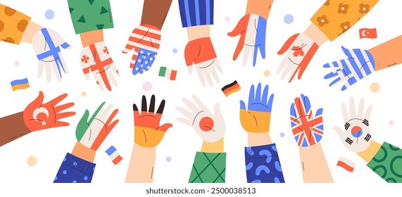 Manos humanas con diferentes banderas nacionales dibujadas en las palmas de las manos huellas de Ilustración vectorial. Patriotismo, independencia, igualdad de oportunidades, comunidad intencional y celebración de la amistad