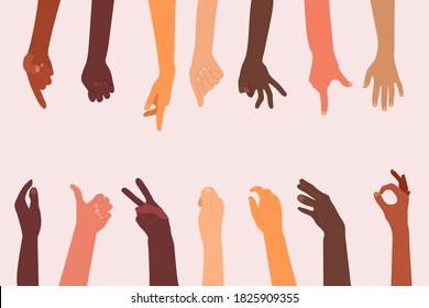 Human hands different ethnicities and various gestures set.One, two or three fingers,OK,fist or palm.Template for your text in the middle.Sign language.Vector in flat style.Multiethnic thumbs