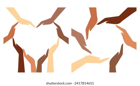 Human hands of different nationalities. Vector illustration. Flat design	
