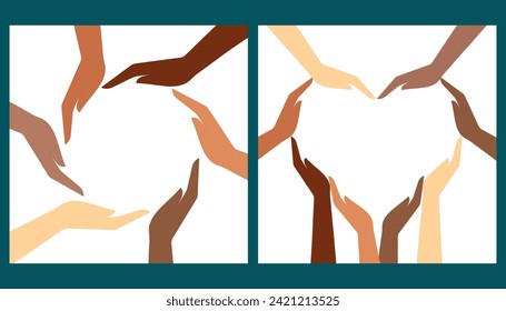 Human hands of different nationalities. Vector illustration. Flat design.