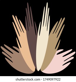 
Human hands of different races on a black background. The unity of all nationalities. The idea of ​​equality of all people.