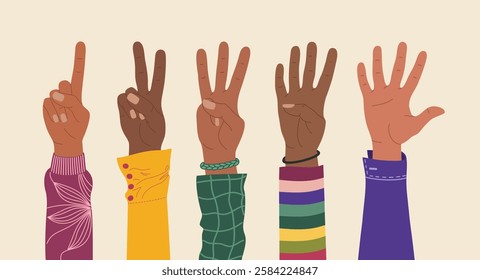 Human hands different races, showing fingers to count from one to five. Hand drawn vector illustration isolated on light background, modern flat cartoon style.