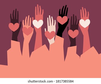 Human hands with different skin color stacked for support. Group, unity, race equality, tolerance concept art in minimal flat style. Vector illustration card.