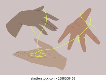 Human hands of different skin color passing a neon thread, the international community, diversity