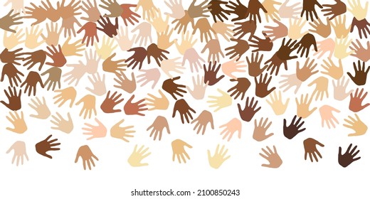 Human hands of different skin color vector illustration. Volunteering concept. Multinational community hand signs isolated. Skin tone identity design.