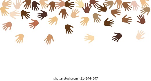 Manos humanas de diferentes ilustraciones vectoriales de color de piel. Concepto de multitudes. Las señales de palma de la empresa multinacional aisladas. Patrón de diversidad de color de piel.