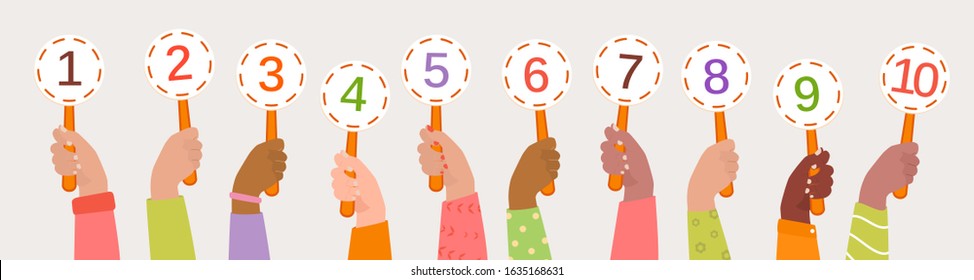 Human hands of different skin colors hold referee cards. Hands of the jury raised up. Voting, assessment of the jury for the competition. Score cards with numbers. Vector flat cartoon illustration.