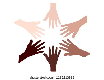human hands with different skin colors. Racism campaign. Social inclusion flat illustration