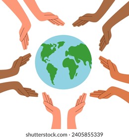 Human hands of different skin tones support the planet. Ecology and environment concept.	