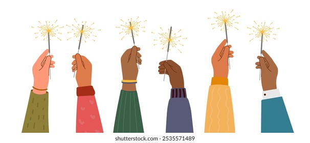 Mãos humanas de diferentes tons de pele segurando faíscas isoladas no fundo branco. Mãos segurando faiscadores em chamas. Conceito de festa de férias.