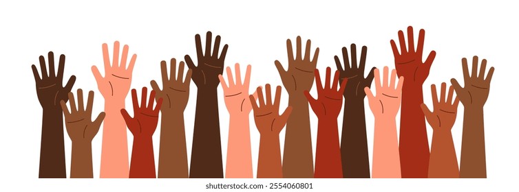 Human hands of different skin tones raised up. The concept of friendship, peace, equality, racial diversity, inclusivity. Teamwork concept. Vector clipart.