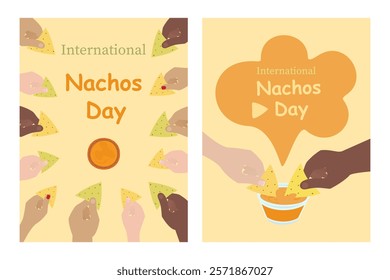 Human hands dipping Nachos in cheese sauce and International Nachos Day lettering. Set 2 Leaflets