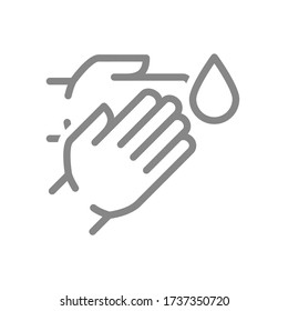 Human hands with disinfectant drop line icon. Cleaning supply, hand disinfection symbol