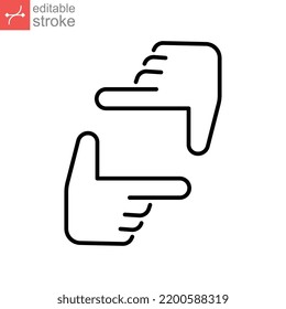 Human hands doing cropping symbol outline icon. Hand framing photo, form of frame gesture camera photo. gestures concept. Editable stroke. Vector illustration. Design on white background. EPS 10