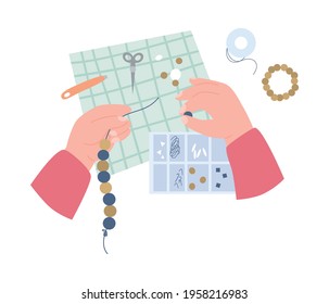 Human hands doing decorative craft work with beads, flat vector illustration isolated on white background. Handicraft and creative hobby, workshop concept.