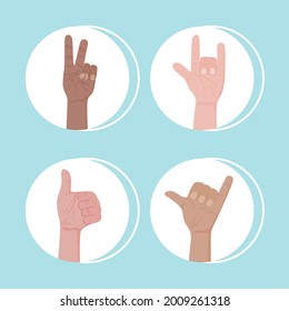human hands doing signs in circles on blue background