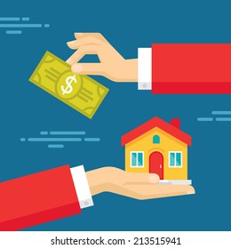 Human hands with dollar money and building house. Flat style concept design illustration. Real estate banner. 