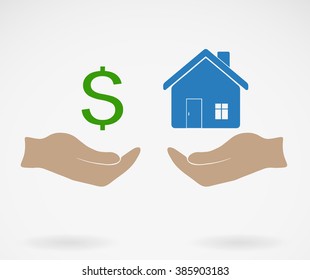 Human Hands with Dollar Money and House. Flat style concept design illustration. Real estate concept vector illustration.