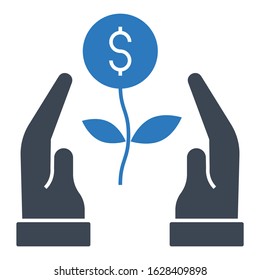 Human Hands and Dollar Plant Design, Startup Financial Growth Vector Icon, Development with Care on White Background, Natural Business Growth Concept, 