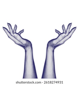 Human hands in dotted pop art style holding something or protect. Halftone woman hands isolated on transparent background. Collage element for posters, banner, mixed media design