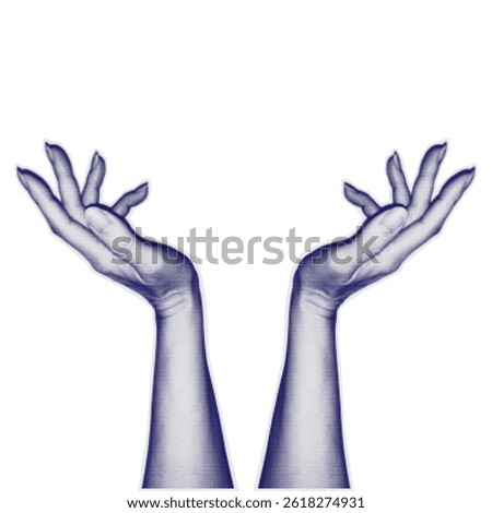 Human hands in dotted pop art style holding something or protect. Halftone woman hands isolated on transparent background. Collage element for posters, banner, mixed media design