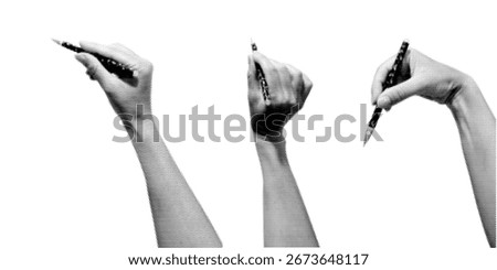 Human hands in dotted pop art style holding pen, stylus, pencil. Vector collage element for mixed media design isolated on transparent background