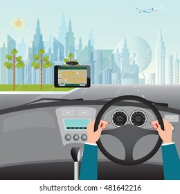 Human hands driving a car with Gps Navigation System In Car, flat design vector illustration.
