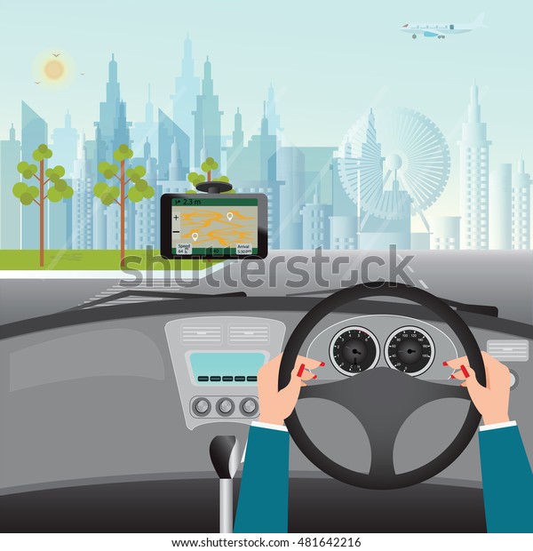 Human hands driving a car with Gps\
Navigation System In Car, flat design vector\
illustration.