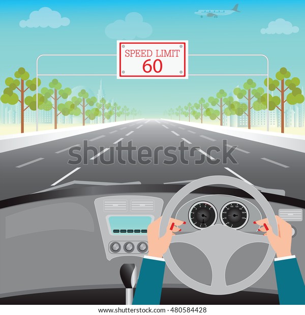 高速道路 車内 平坦なデザインベクターイラストの速度制限と 人間の手がアスファルト道路を車で走っている のベクター画像素材 ロイヤリティフリー