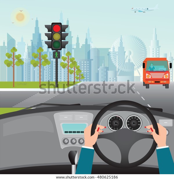 人間の手がアスファルトの道を車で走り 信号 車の内部 平らなデザインベクターイラストを待っている のベクター画像素材 ロイヤリティフリー