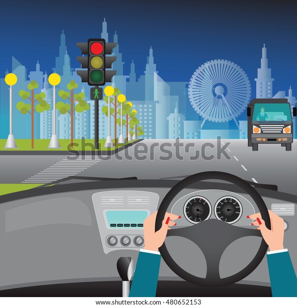 Human hands driving a car on asphalt road\
and waiting for the traffic light on city view night scene , car\
interior, flat design vector\
illustration.