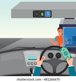 Human hands driving a car and showing car paying to access Highway toll , car interior, flat design vector illustration.