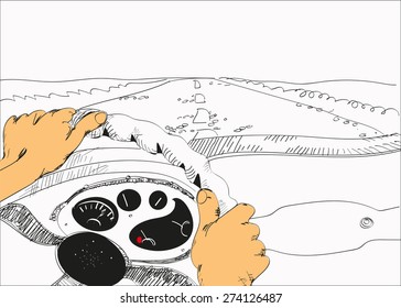 Human hands driving a car, a straight road ahead, illustration in a simple manner on white