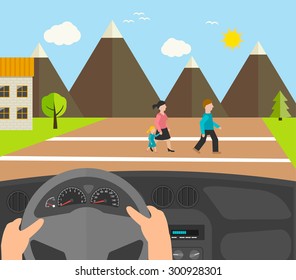 Human hands driving a car, vector illustration. Driver stops car on crosswalk. People crossing road.