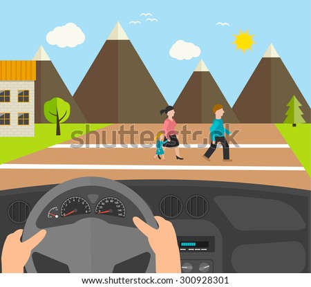 Human hands driving a car, vector illustration. Driver stops car on crosswalk. People crossing road.