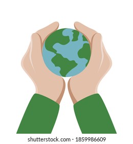 Manos humanas con la Tierra aisladas sobre fondo blanco para las tarjetas del Día de la Tierra. Ilustración del vector